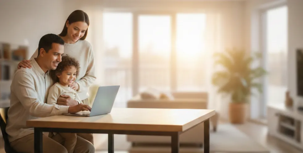 Family looking at a laptop together in a warm, sunlit home