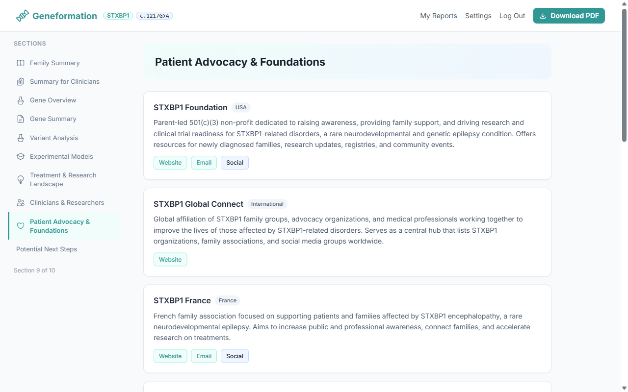 Patient Advocacy & Foundations section showing organizations worldwide with website, email, and social links