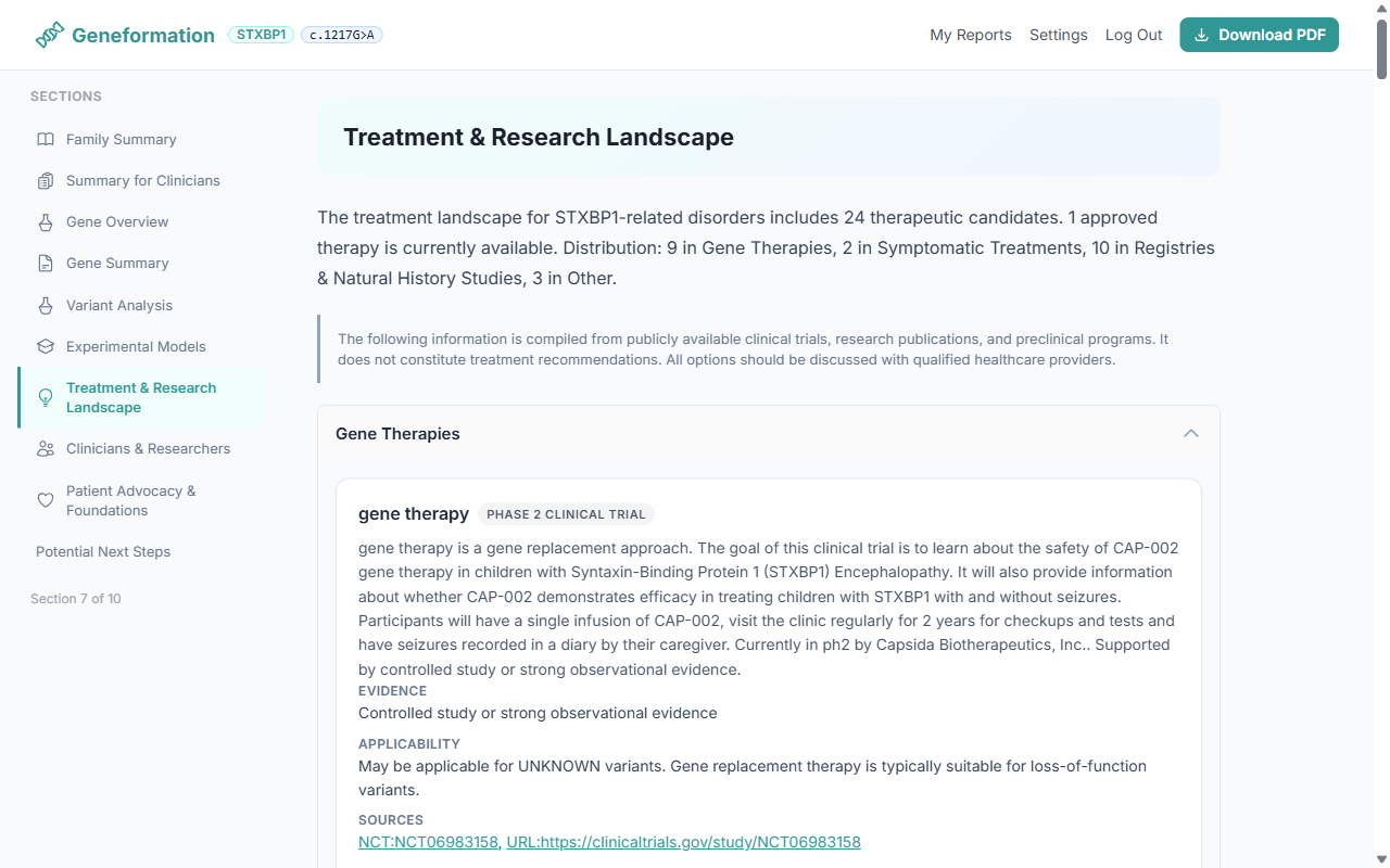 Potential Treatment Approaches section showing gene therapies, clinical trials, and evidence levels